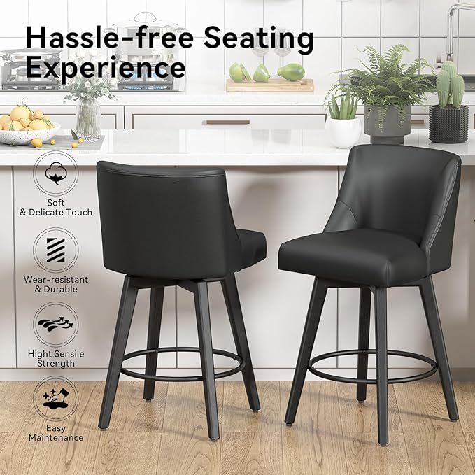 Counter Height Swivel Bar Stools Set of 6, 26 Inch Bar Stools with Footrest, Faux Leather Upholstered Barstools with Back and Solid Wood Legs for Kitchen Island, Dining Room,Pub,Black
