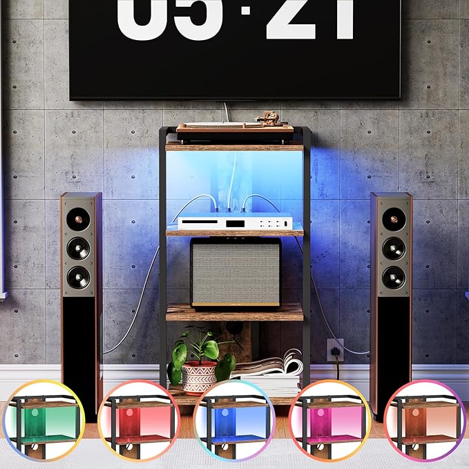 HOOBRO 4-Tier AV Media Stand, Media Console with Charging Station and LED Light, Wooden Stereo Cabinet, Corner TV Stand, Record Player, Entertainment Device Stand, Rustic Brown and Black BF38UDCJ01