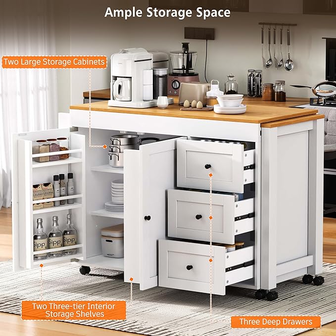 Ball & Cast 74.8" Kitchen Island with Extendable Dining Table,Kitchen Storage Cart W/Power Outlet and 3 Drawers,Rolling Kitchen Island on Wheels W/Spice Rack & 2 Door Cabinet,for Kitchen,White