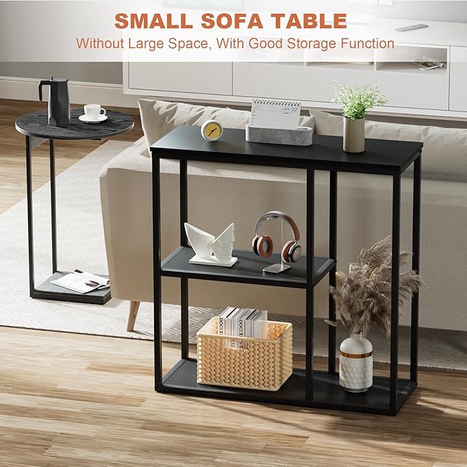 WOHOMO Console Table, 12'' Narrow Entryway Table for Living Room, 31.5'' x 31.5'' Black Industrial Sofa Table with 3-Tier Storage Shelves for Corridor, Hallway, Black