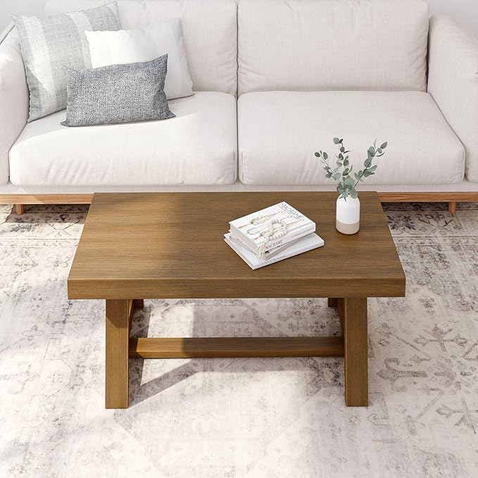 Plank+Beam Classic Rectangular Coffee Table, 40 Inch Farmhouse Coffee Table, Mini Center Tables for Small Spaces, Small Living Space Tea Table, Pecan Wirebrush