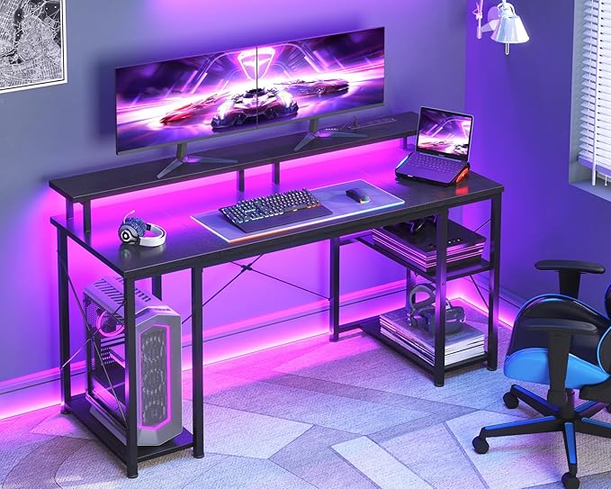 ODK 55 Inches Gaming Desk with LED Lights, Computer Desk with Monitor Stand, Pc Table with CPU Stand, Black