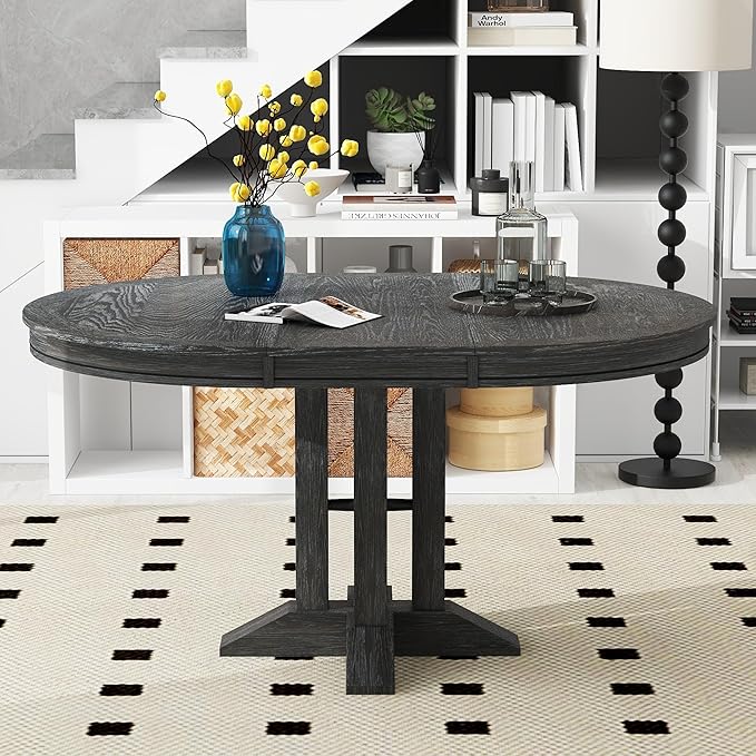 ERYE Mid-Century Modern Functional Extendable Wooden Round Dining Table with 14" Adjustable Leaf and Pillar-Trestle Legs, Wood Oval Dining Table