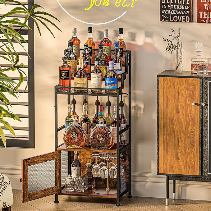 Tiered Liquor Stand with Bar Cabinet for Home, Large-Capacity Wine Rack Freestanding Floor, Stepped Display Shelf Featuring Mesh Door Holds Whiskey & Syrup Bottles, Corner Storage Ideal in living room