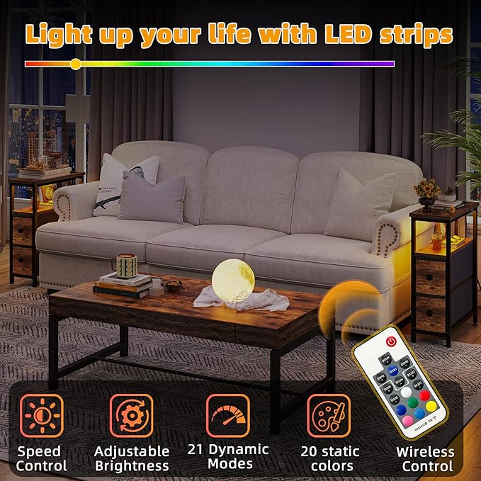 TIQLAB End Table with Charging Station, Narrow Side Table with 2 Fabric Drawers, Nightstand with LED Light, Slim Bedside Table for Bedroom, Living Room, Small Spaces, Brown