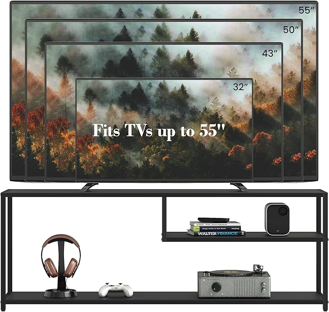 TECHMILLY Modern TV Stand for 55" TV, TV Table with Storage Shelves, Entertainment Center with Metal Frame, TV Console Table for Living Room, Bedroom, Black