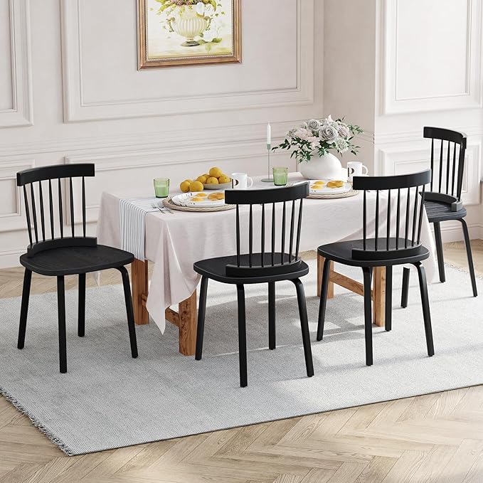 Unovivy Black Dining Chairs Set of 4, Wooden Windsor Chairs, Farmhouse Kitchen Chairs, Black Spindle Chair for Dining Room, Restaurant