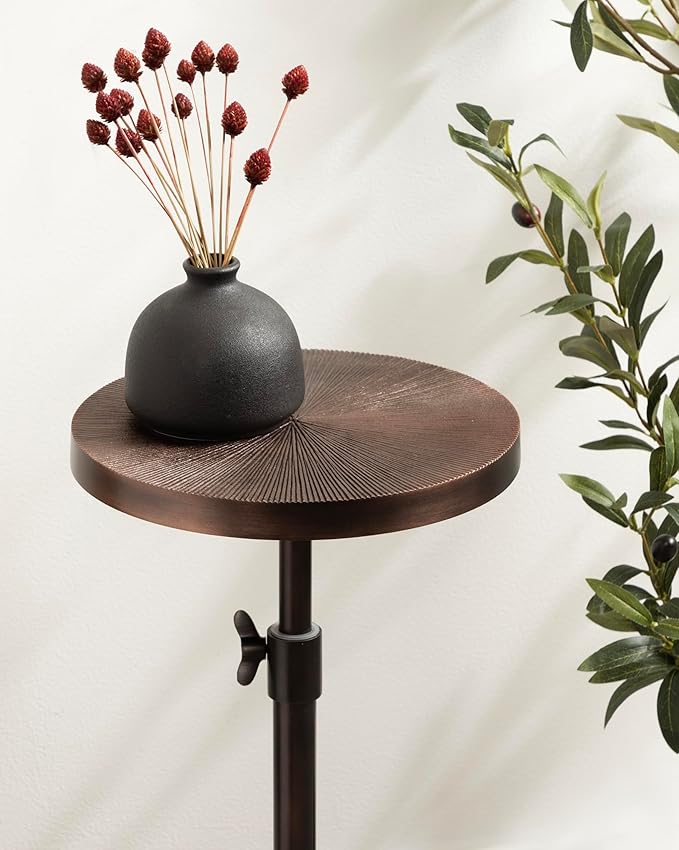 Kate and Laurel Engles Traditional Adjustable-Height Pedestal Drink Table; 10 x 10 x 30; Bronze; Vintage Round Indoor Metal Plant Stand with Embossed Sunburst Pattern