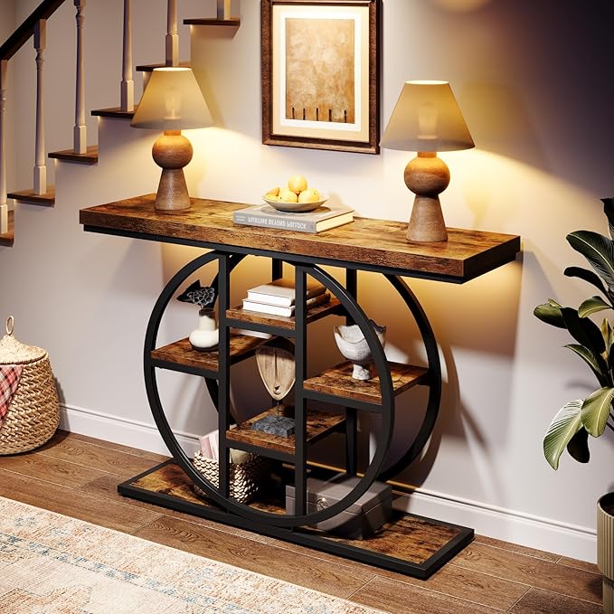 41" Console Table for Entryway, 4-Tier Industrial Narrow Wood Sofa Accent Tables with Circle Storage Shelves for Living Room, Hallway, Foyer (Rustic Brown)