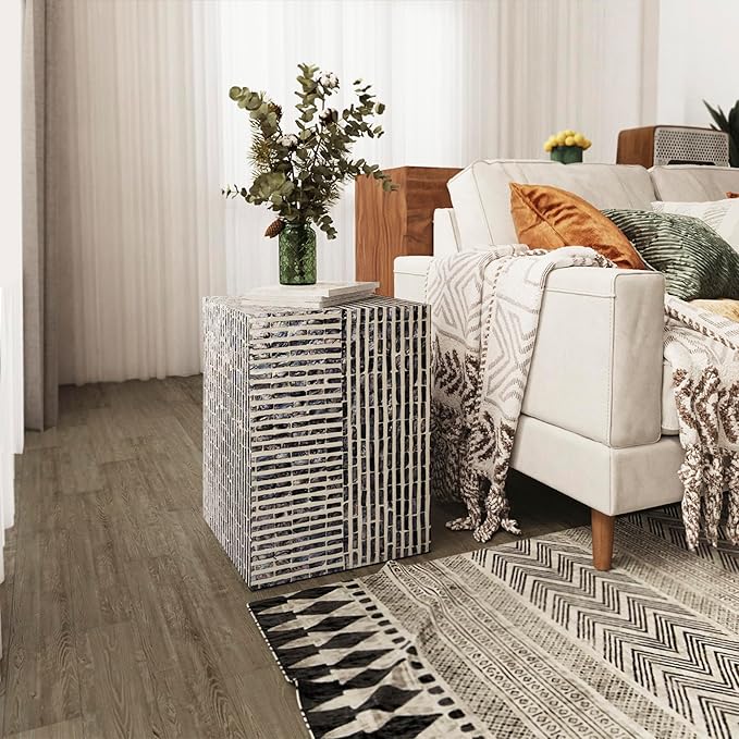 PEMAR Capiz Shell Square Drum End Table Side Accent Table Contemporary Mosaic Deco Patio Coffee Boho Décor Modern Nightstand & Vanity Stool (Dark Grey & White Stripes)