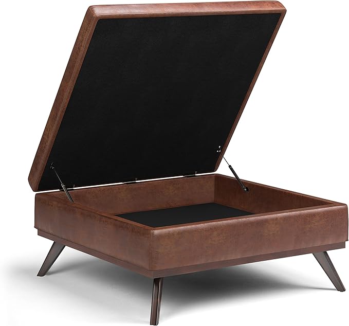 SIMPLIHOME Owen 40 inch Wide Mid Century Modern Square XL Coffee Table Storage Ottoman in Distressed Saddle Brown Vegan Faux Leather, Assembled, For the Living Room, Entryway and Family Room