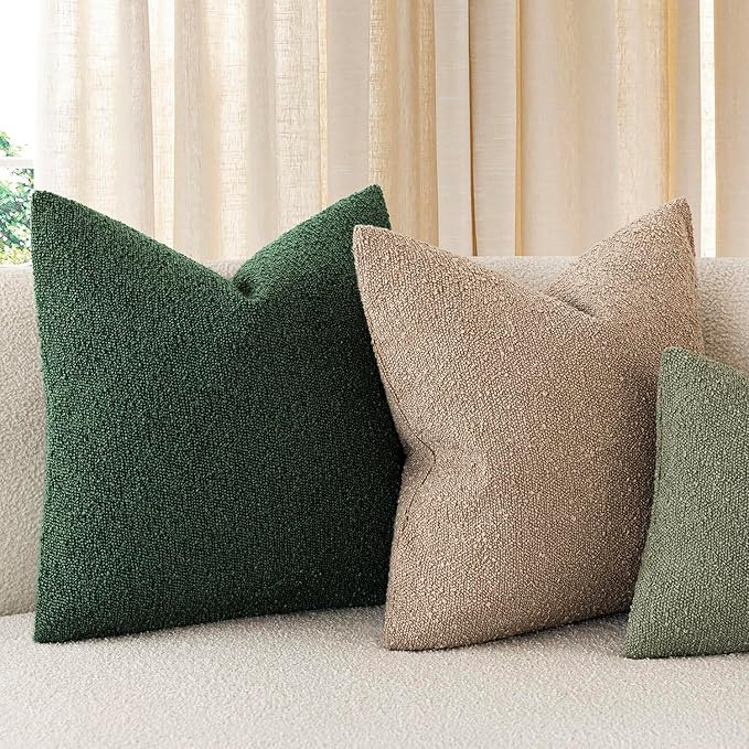 Foindtower Pack of 2 Textured Boucle Throw Pillow Covers Neutral Accent Solid Decorative Pillow Cases Cozy Woven Couch Cushion Case for Sofa Bedroom Living Room Home Decor 20x20 Inch Pine Green