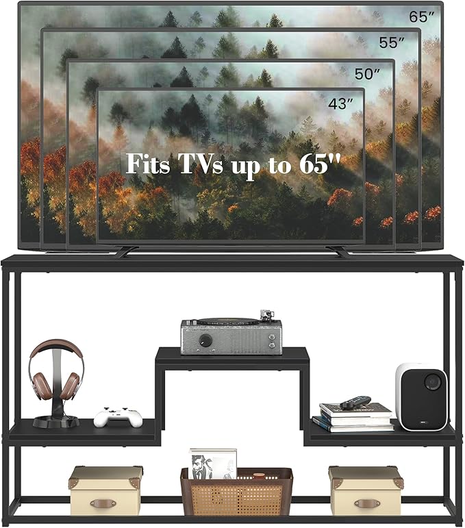 TV Stand for TVs up to 65 Inch, TV Console Table with 3-Tier Open Storage Shelves, Modern Industrial Entertainment Center for Living Room, Bedroom, Black