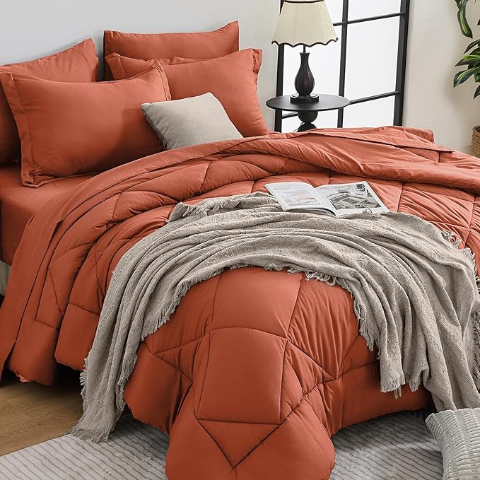 HEVUMYI Burnt Orange Twin-XL Comforter Set - 5-Piece All Season Bed in a Bag Twin-XL, Ultra Soft Bedding Set with Comforter, Flat Sheet, Fitted Sheet, Pillowcases, Pillow Shams