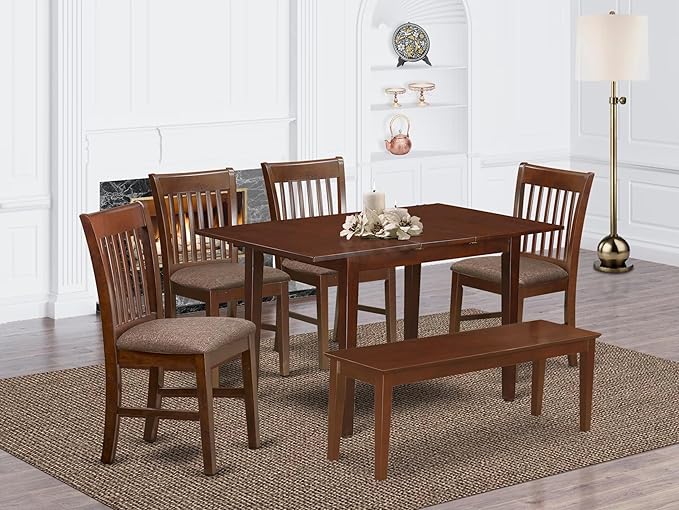 East West Furniture PSNO6C-MAH-C 6 Piece Dining Room Set Contains a Rectangle Kitchen Table with Butterfly Leaf and 4 Linen Fabric Dining Chairs with a Bench, 32x60 Inch, Mahogany