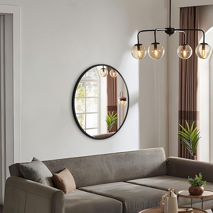 Round Mirror Black Frame 28 Inch Mirror Living Room Round Bathroom Mirrors Frosted Metal Frame Anti-Rust Tempered Glass for Bathroom Living Room Decorative