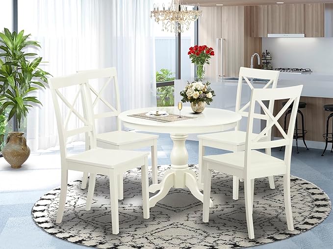 East West Furniture HBBO5-LWH-W 5 Piece Dining Room Furniture Set Includes a Round Kitchen Table with Pedestal and 4 Dining Chairs, 42x42 Inch, Linen White