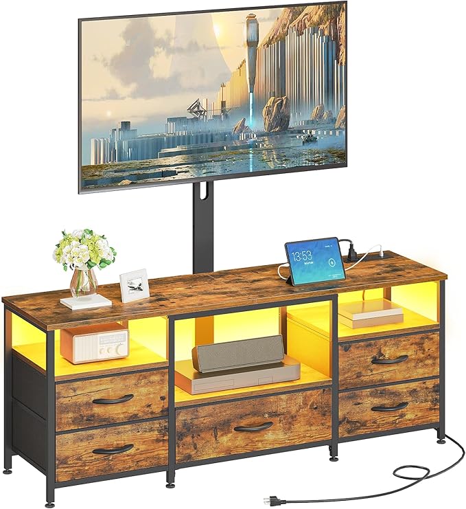 HOOBRO TV Stand with Mount and Power Outlet, for 32/45/55/60/65 inch TVs, Swivel Led Entertainment Center with Drawers, Adjustable Media Console for Living Room, Bedroom, Rustic Brown BF130UDDS01