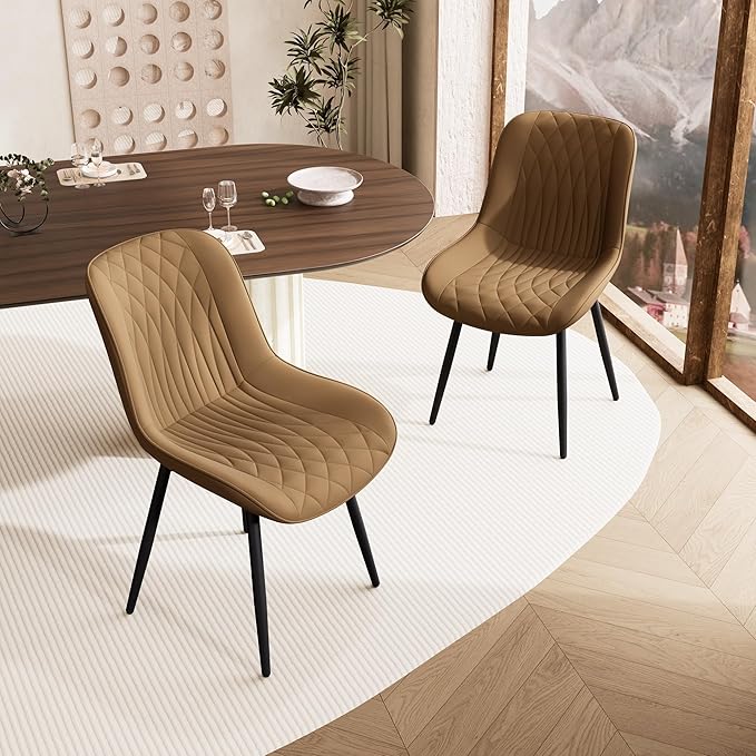 YOUNIKE Tan Dining Chairs Set of 2 with High Backs Mid Century Modern Kitchen & Dining Room Chairs PU Faux Leather Upholstered Comfortable Wide Seat Padded Accent Side Chair for Living Waiting Room