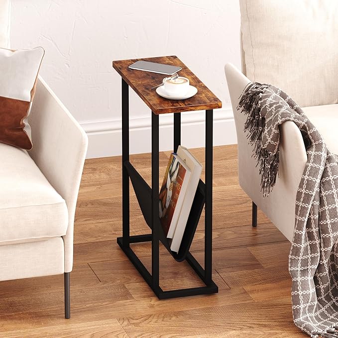 Narrow Side Table for Small Spaces, Small End Table Set of 2 with Magazine Holder, Skinny Slim Little Thin Table for Living Room, Bedroom, Sofa, Rustic Brown