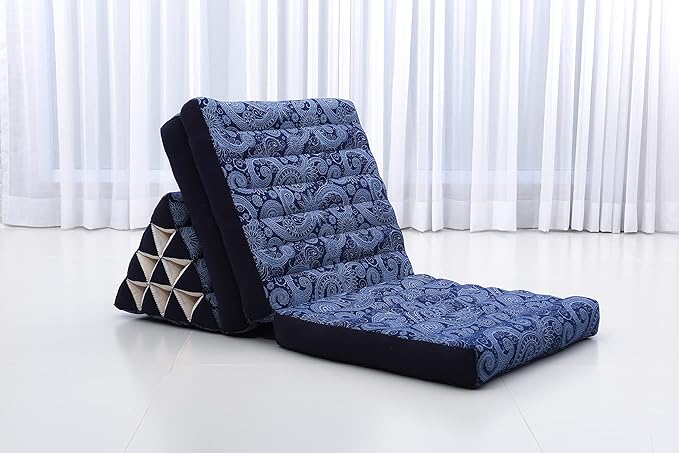 Leewadee - Comfortable Japanese Floor Mattress - Thai Floor Bed with Triangle Cushion - Futon Mattress - Thai Massage Mat, 67 x 21 inches, Blue White, Kapok Filling