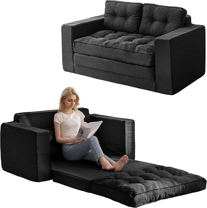 YOSHOOT Loveseat Sleeper Sofa,55" Convertible Sofa Bed Couch Futon Couches for Living Room,3-in-1 Pull Out Floor Couch with Backrest and Pillows, Black
