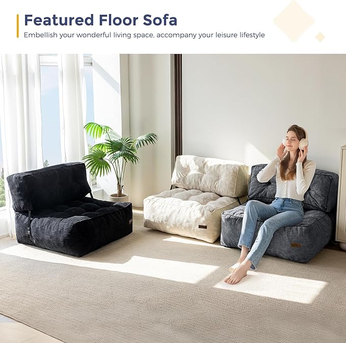 MAXYOYO Floor Sofa Bean Bag Sofa Couch, Comfy Floor Couch with Back Support, Portable Bean Bag with Filling, Corded Chair Seating for Living Room Bedroom Apartment, Dark Grey