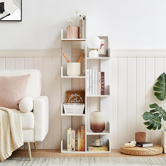 VECELO 8-Tier Tall Cactus-Shaped Tree Bookshelf, Vertical Bookcase with Waterproof Shelves & Rounded Corners, Modern Display Rack for Small Spaces in Living Room, Office, Bedroom, Ivory White