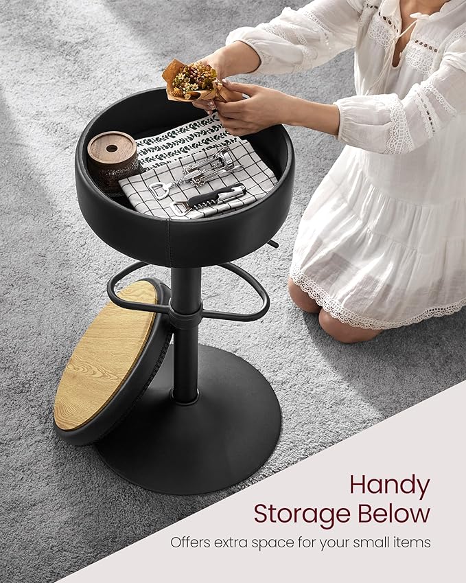 VASAGLE EKHO Collection - 360° Swivel Bar Stool, Height Adjustable Barstool with Storage, Synthetic Leather with Stitching, Mid-Century Modern, Kitchen Bar, Easy Assembly, Ink Black