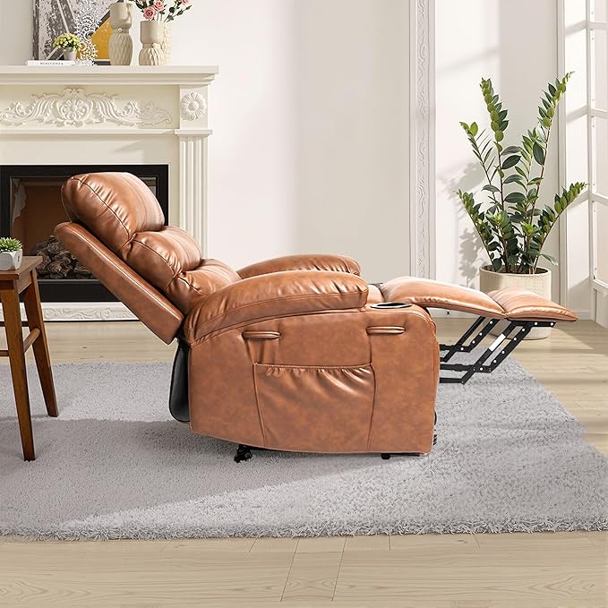 Recliner Chair Power Lift Massage Chair Full Body 21" Large Size Electric Recliner with 8 Point Vibration Massage and Lumber Heat, Remote Control, Side Pockets and Cup Holders, Brown