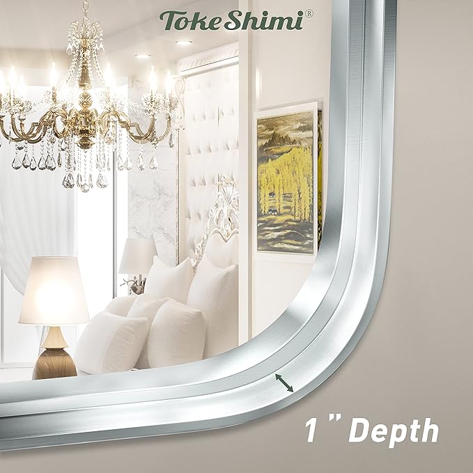 TokeShimi 24 x 36 Inch Brushed Silver Bathroom Mirror for Wall Brushed Brass Metal Rounded Corner Rectangle Mirror Metal Frame Deep Set Design Hangs Horizontal Or Vertical