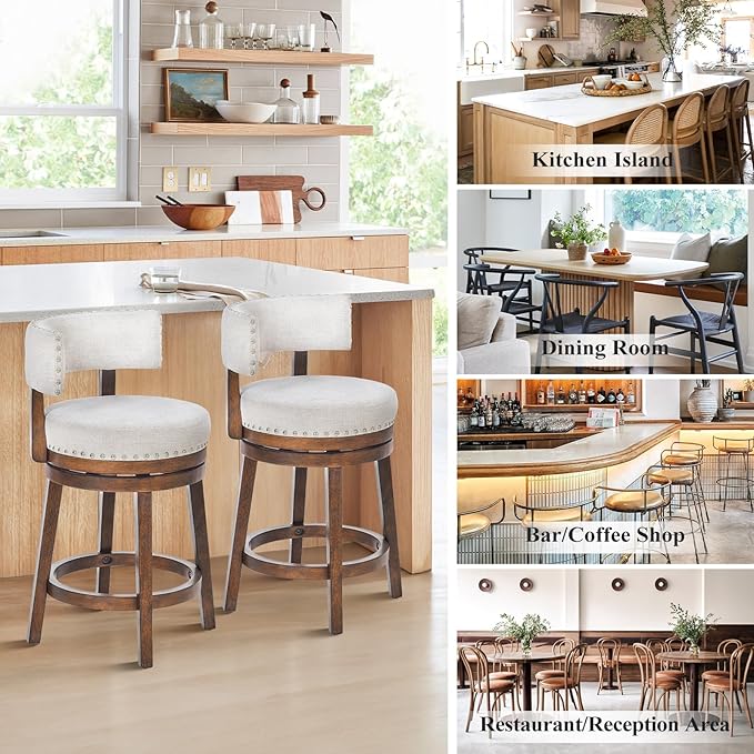 COLAMY Swivel Bar Stools Set of 4, Swivel Counter Height Barstools with Back, 25 Inch Modern Upholstered Bar Stools for Kitchen Island Dining Room Bar, Beige