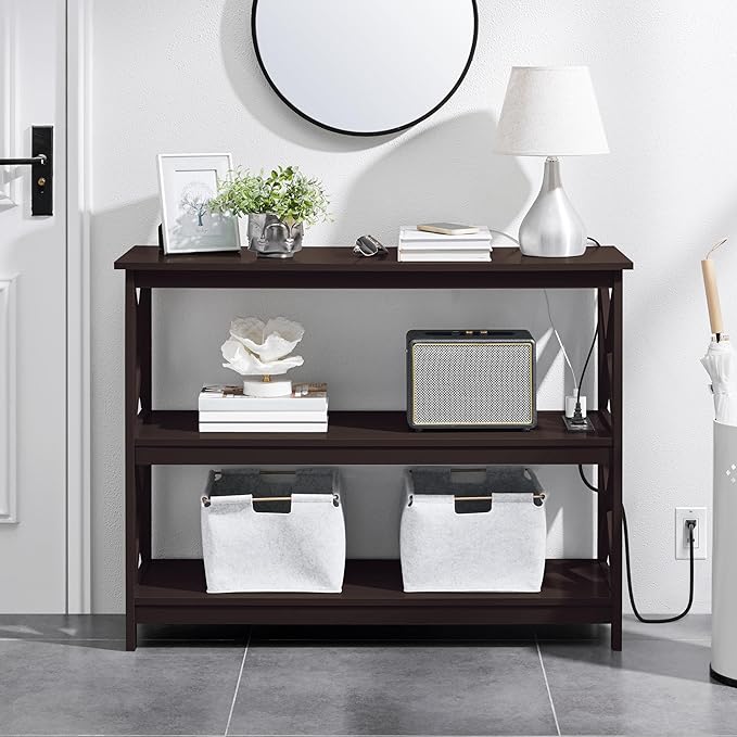 Yaheetech Console Table with Power Outlet, 3 Tier Narrow Sofa Couch Table with Storage Shelves, Wood Entryway Table Side Table for Living Room, Hallway, Entrance, Bedroom, Espresso