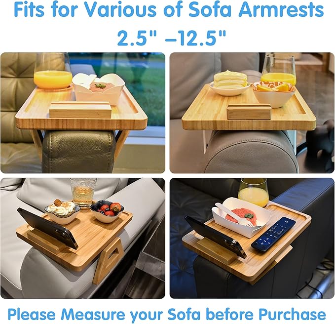 Couch Arm Tray Table Clip on Sofa, Armrest TV Tray Table with 360° Rotating Phone Holder, Solid Bamboo Side Table for Wide Couches Arm, Gift for Mom Dad or Friends