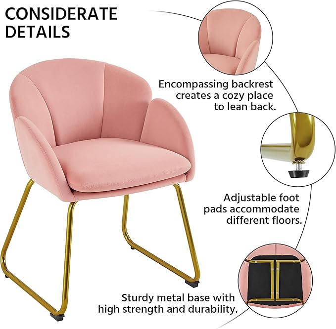 Yaheetech Flower Shape Velvet Vanity Chair, Modern Side Armchair Makeup Chair no Wheels with Golden Metal Legs for Living Room/Dressing Room/Bedroom/Home Office/Kitchen, Pink
