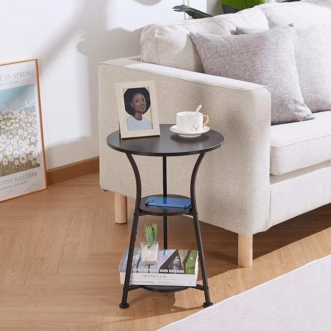 Dulcii Small Round End Table for Narrow and Small Space, 3-Tier Round Accent Couch Beside Table, Modern Side Table Corner Sofa Table Nightstand for Living Room Bedroom,Black