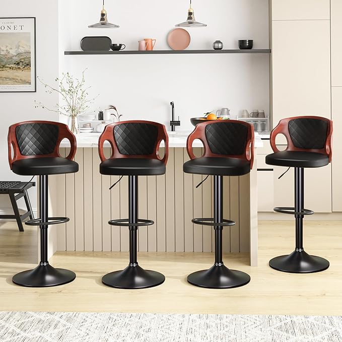 VECELO BarStools Set of 2,Counter Height Stools with Bentwood Back&Arm, Swivel Barstools,PU Leather Kitchen Island Stools, Adjustable Height Bar Chairs for Club Pub Dining Room,Black