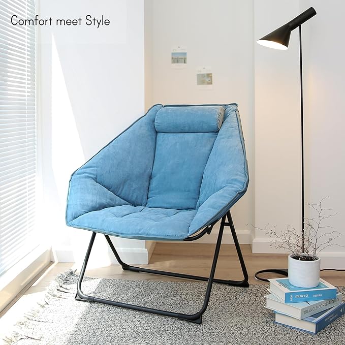 Hexagon Foldable Living Room Chair, Saucer Chair for Adults, Comfy Bedroom Lounge Chair, Moon Chair, Lazy Folding Chair for Dorm Rooms(Chair-Blue)