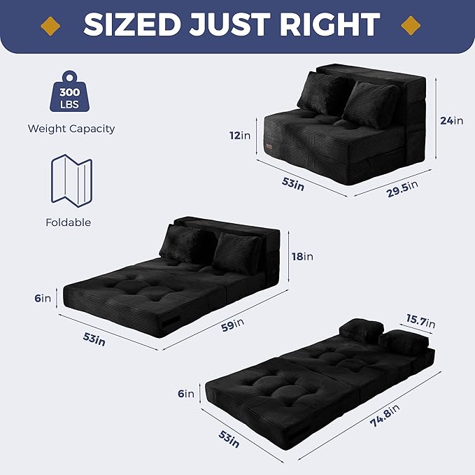 MAXYOYO Convertible Sofa Bed, Fold Out Sleeper Sofa with Pillow, 4 in 1 Tufted Folding Couch Bed Foam Floor Couch, Lazy Chair for Living Room Bedroom Guest Room, Black