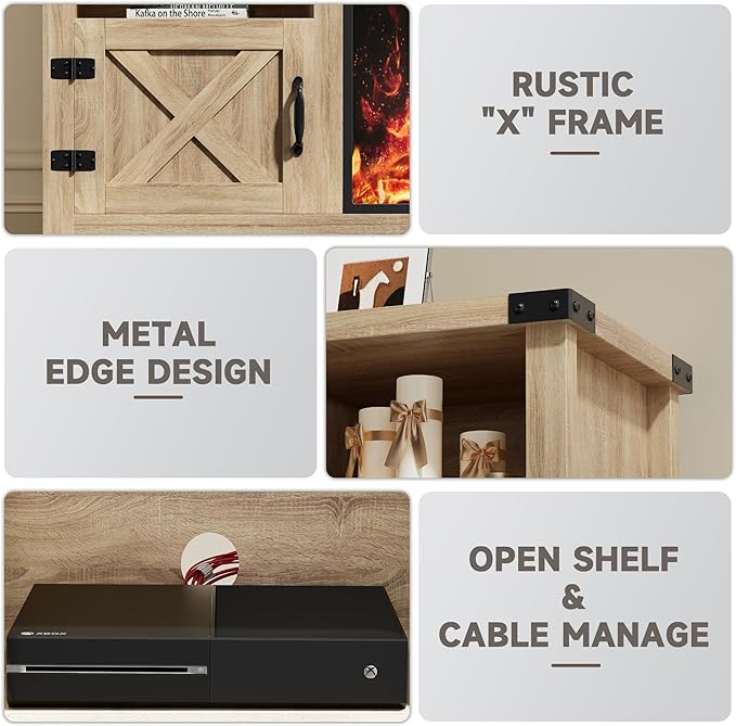 YESHOMY Fireplace TV Stand with Barn Doors and Open Display Shelf, Farmhouse Media Console with Hidden Cable Routing, Entertainment Center for Televisions up to 65+ Inch, Natural Oak