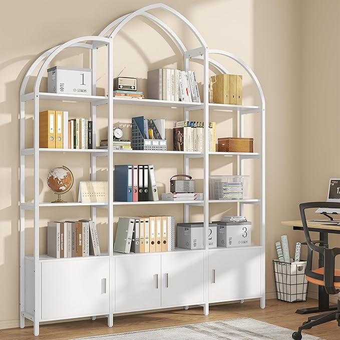 Triple Wide 5 Tier Tall Arched Bookshelf and Bookcase with 3 Cabinets, Industrial Metal Etagere Open Bookshelf, Wood Standing Book Shelf with Black Metal Frame for Bedroom Living Room