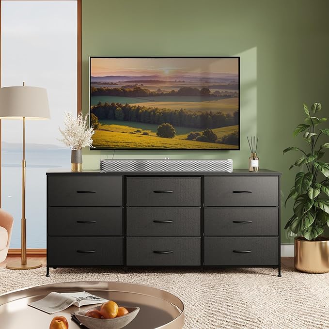 WLIVE 63''W Dresser for Bedroom, Black Dresser TV Stand for 65, 70, 75 inch TV, Wide Chest of Drawers with 9 Drawer, Large Entertainment Center, Fabric Dressers with Wood Top for Closet, Living Room
