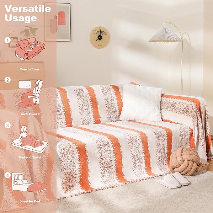 Boho Couch Cover, Sofa Cover, Sofa Covers for 2 Cushion Couch, Washable Sectional Couch Covers for Dogs Pet Furniture Protector Couch Cover Blanket for Living Room (1# Orange, 71" x 102")