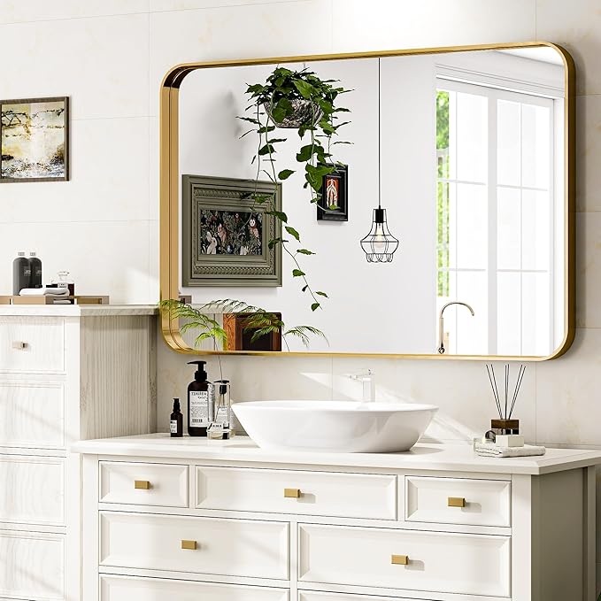 30 x 40 Inch Gold Bathroom Mirror for Wall,Aluminum Alloy Frame Rectangular Wall Mounted Mirror for Farmhouse Decor Horizontal or Vertical Ideal for Bedroom, Living Room
