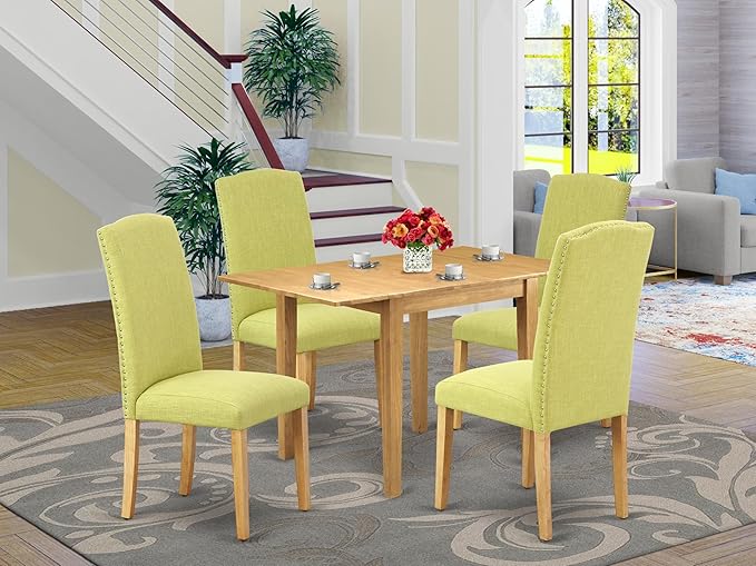 East West Furniture NDEN5-OAK-07 5 Piece Dining Room Furniture Set Includes a Rectangle Dining Table with Dropleaf and 4 Limelight Linen Fabric Upholstered Chairs, 30x48 Inch, Oak