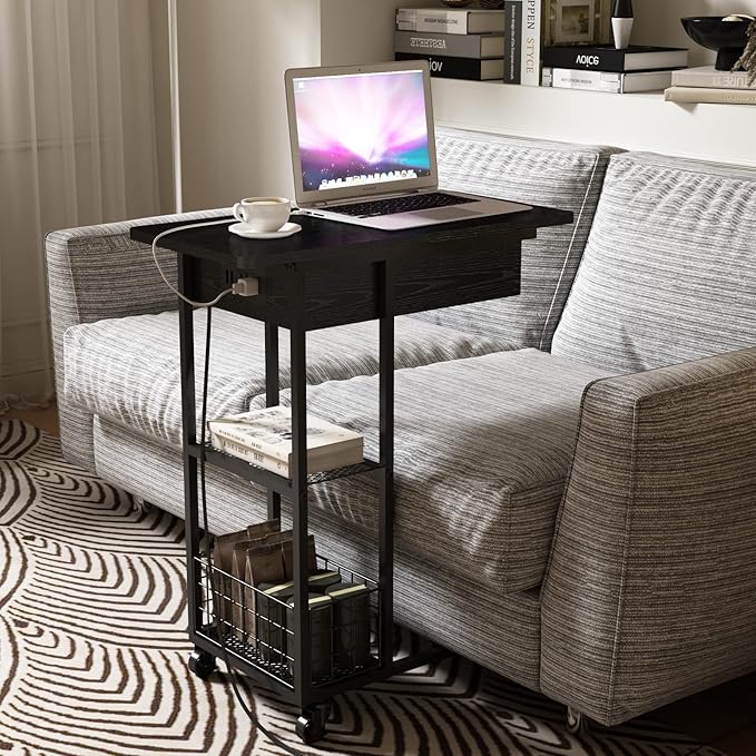 LIDYUK C Shaped End Table with Charging Station, Flip Top Side Table with USB Ports and Outlets, C Table Sofa Table with Storage Shelf for Living Room, Bedroom, Black