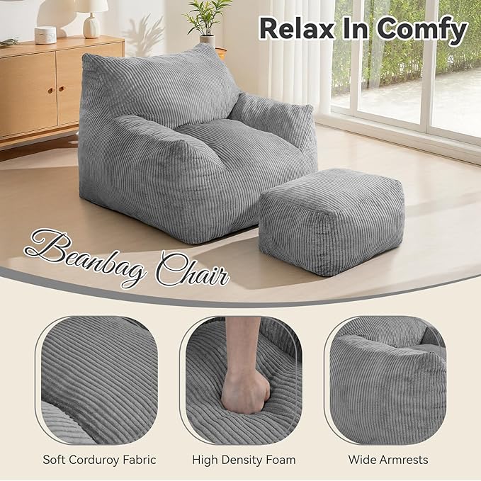 INMOZATA Bean Bag Chair for Adults, 3FT Beanbag Chair with Ottoman Pre-Filled Fluffy Lazy Chair Corded Fabric Accent Chair for Bedroom Living Room Dorm (Gray)