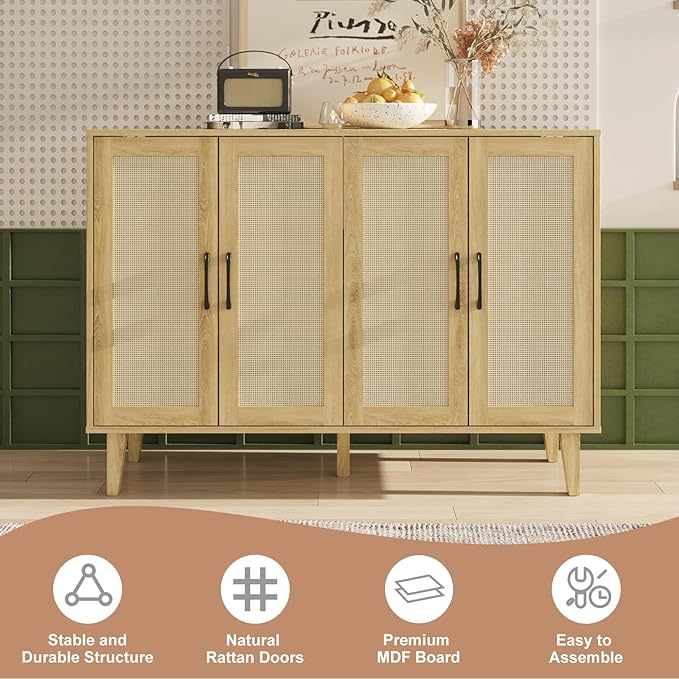 Storage Cabinet with Rattan Trim - 4 Door Sideboard Buffet Cabinet with Storage and Shelves for Bathroom, Coffee Bar, Kitchen, Living Room, Hallway (Natural Wood)