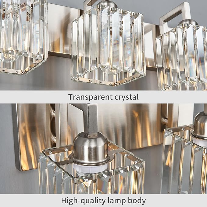 Modern Bathroom Vanity Light 3-Lights Brushed Nickel Vanity Light Crystal Wall Light Bathroom Light Fixtures