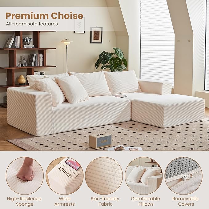 Modular Sectional Sofa, 108" L-Shaped Boneless Couch with Deep Seat, Corduroy Cloud Couch for Living Room, Bedroom, No Assembly Required, Ship in a Box, Beige